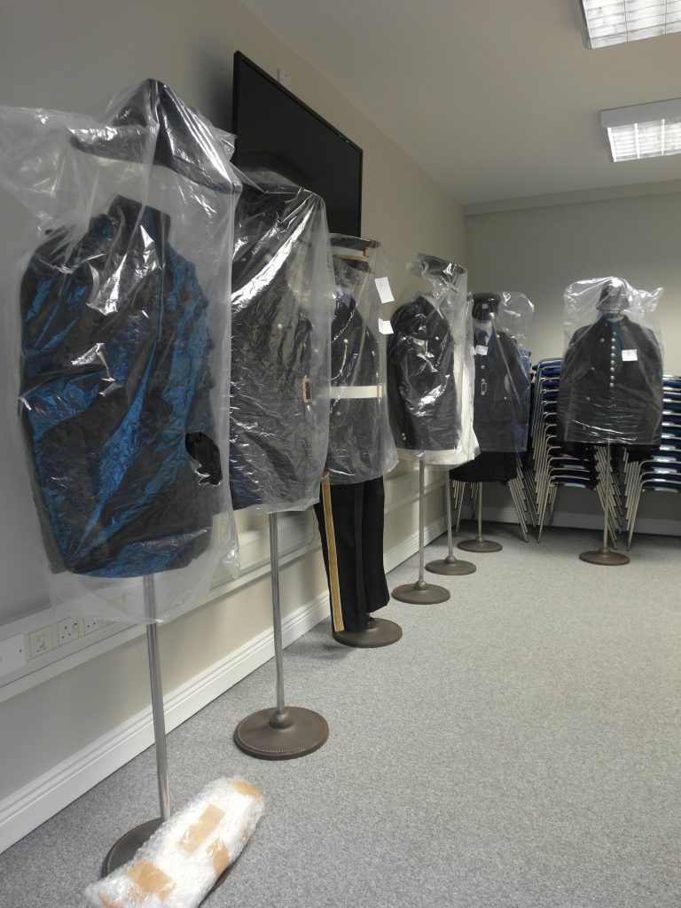 Mannequins after being mounted. All items were surface cleaned, mounted and covered to be ready for display. Several objects required further conservation.