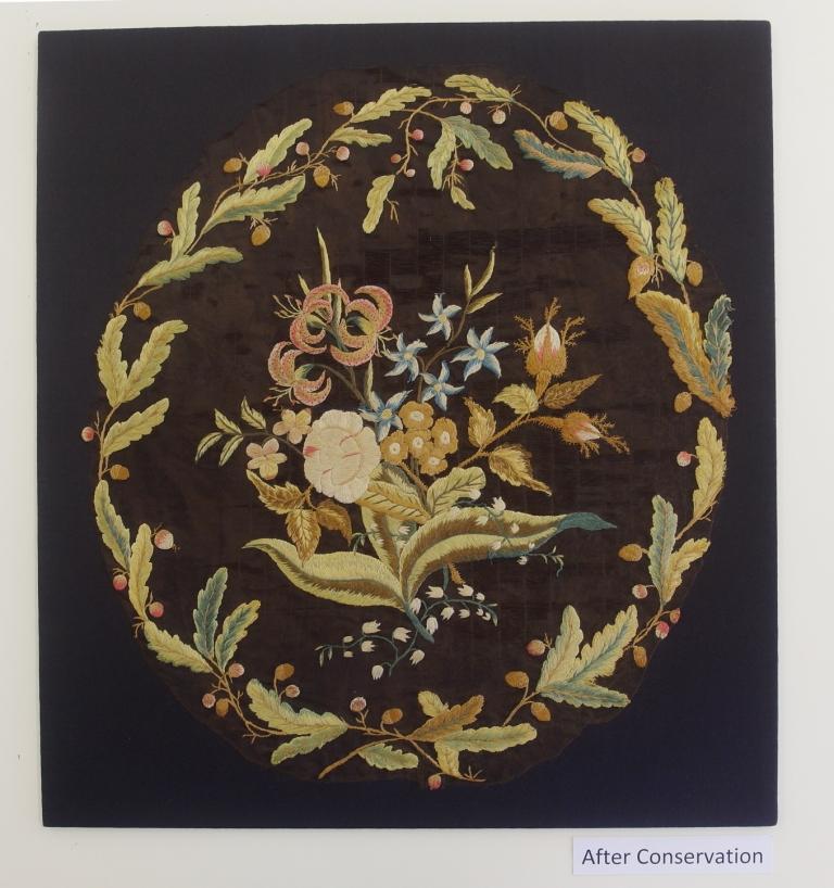 Mrs Delany embroidered floral panel after conservation