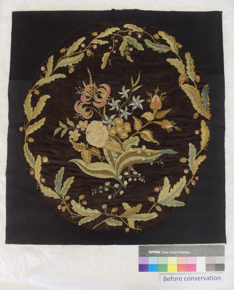 Mrs Delany embroidered floral panel ready to be conserved after being unframed