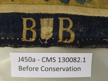 Weaver’s mark on the lower edge before conservation; This shows the tapestry was woven in city of Brussels